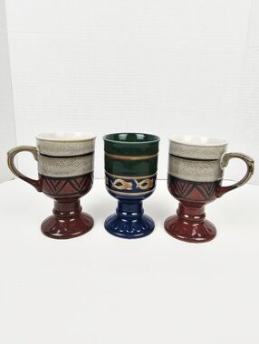 Vtg 70s~Scandia Stoneware Coffee Mug~Blue Green Brown~Pedestaled~Japan~Set of 3